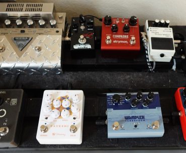 A guitar pedalboard containing: Mesa Boogie V-Twin, Wampler Velvet Fuzz, Strymon Compadre, Boss NS-2 Noise Suppressor, TC Electronic Poly Tune 3 Noir, TC Electronic Ditto Looper X2, Keeley Caverns Delay + Reverb, Wampler Terraform, and TC Electronic Subnup Octaver