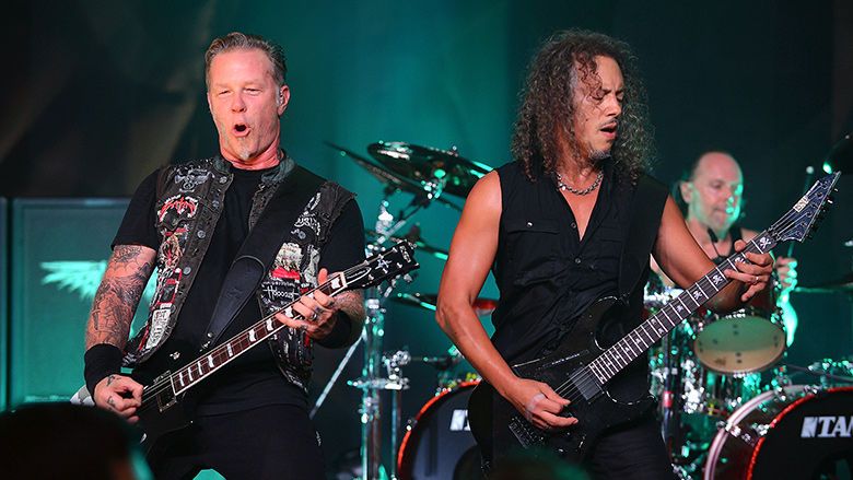 James Hetfield and Kirk Hammett playing their signature ESP guitars.